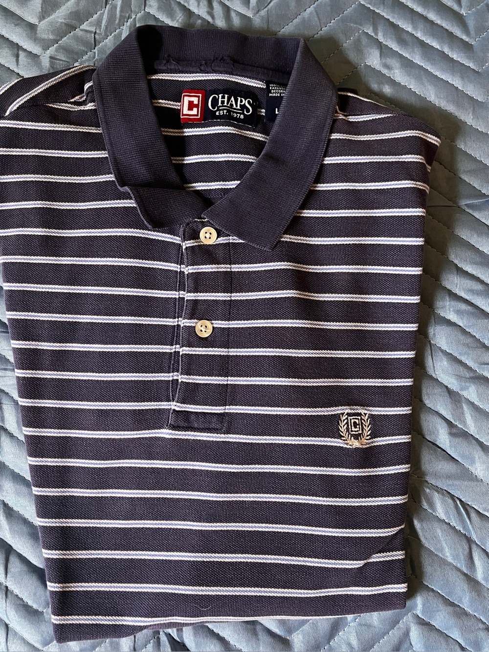 Chaps Navy Polo with White Stripes